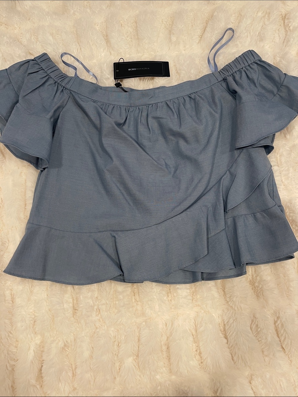BCBGMaxAzria “TRIXY” Dusty Blue Off-Shoulder Ruffle Top